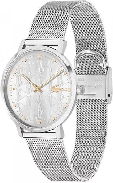 Cadran Lacoste 2001285 cadran argent avec index bâtons et aiguilles facettées, date à 3h, style épuré