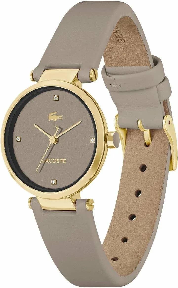 Cadran Lacoste 2001334 gris taupe avec index dorés et aiguilles fines, design minimaliste chic