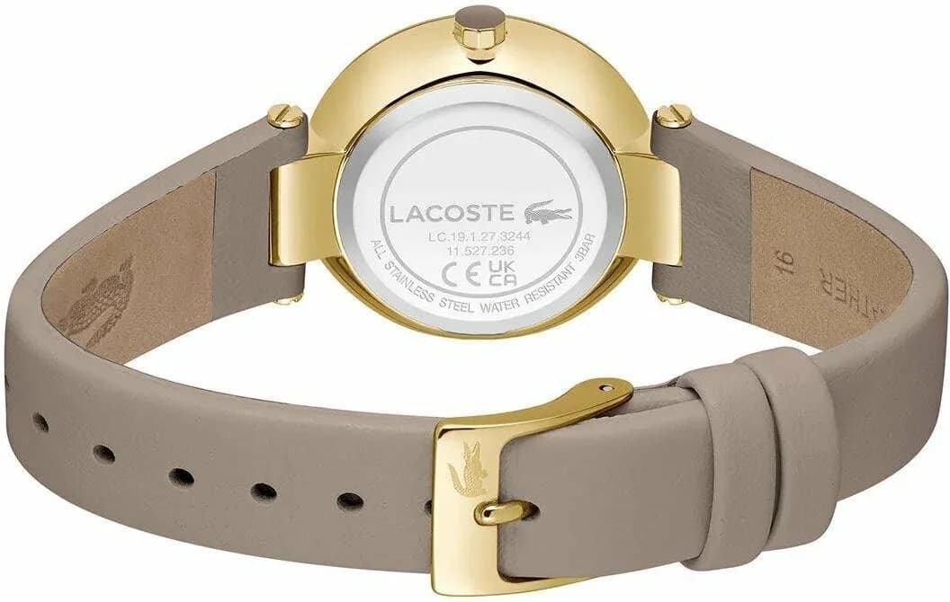 Bracelet Lacoste 2001334 en cuir taupe avec coutures ton sur ton et fermoir boucle dorée