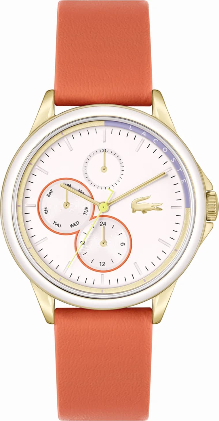 Montre Lacoste 2001338 avec cadran blanc et chiffres romains, bracelet orange cuir, style sport chic