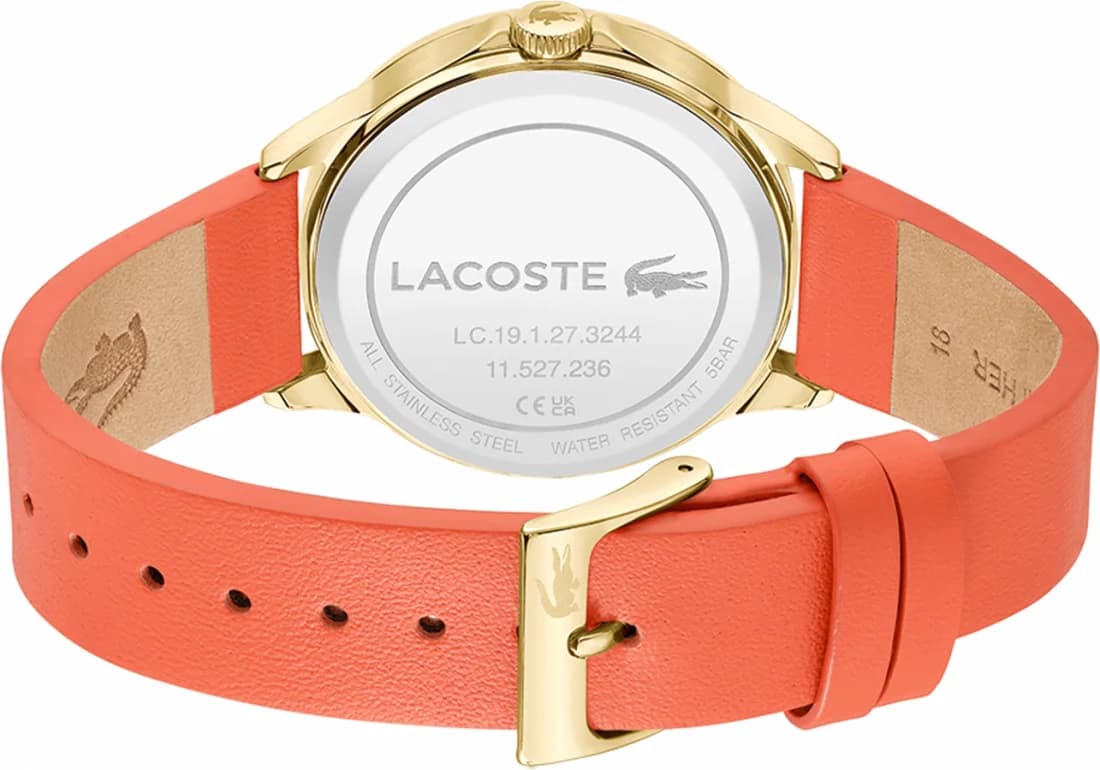 Bracelet Lacoste 2001338 en cuir orange vif, coutures contrastées, boucle ardillon signée Lacoste