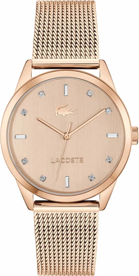 Montre Lacoste 2001344 au cadran blanc et index dorés sur bracelet maille milanaise or rose