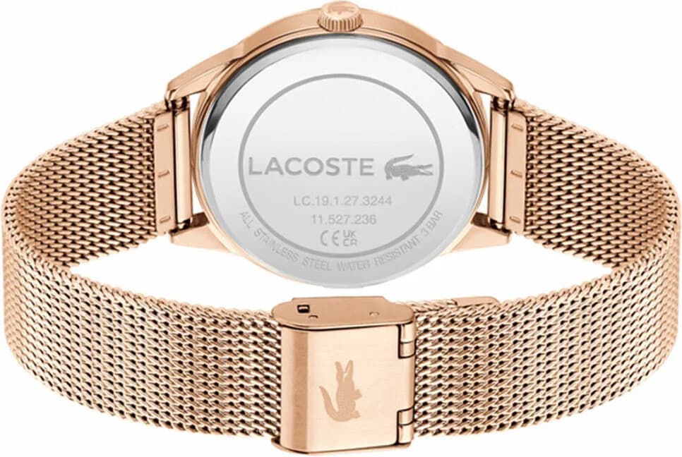 Cadran Lacoste 2001344 avec index dorés, aiguilles fines et date à 3h