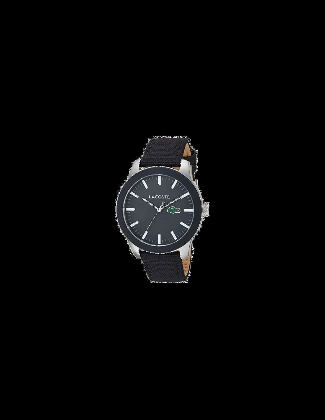 Montre Lacoste 2010919 au cadran noir soleillé et index blancs sur bracelet silicone noir texturé petit piqué