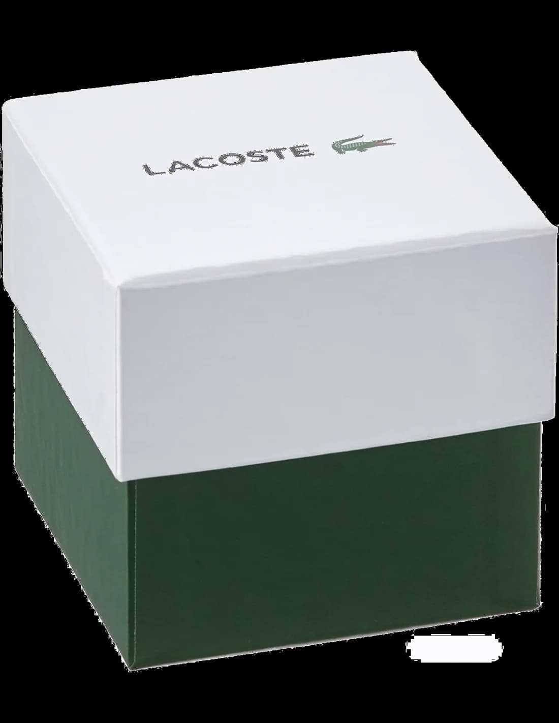 Cadran Lacoste 2010919 avec index blancs, aiguilles argentées et date à 3h sur fond noir mat