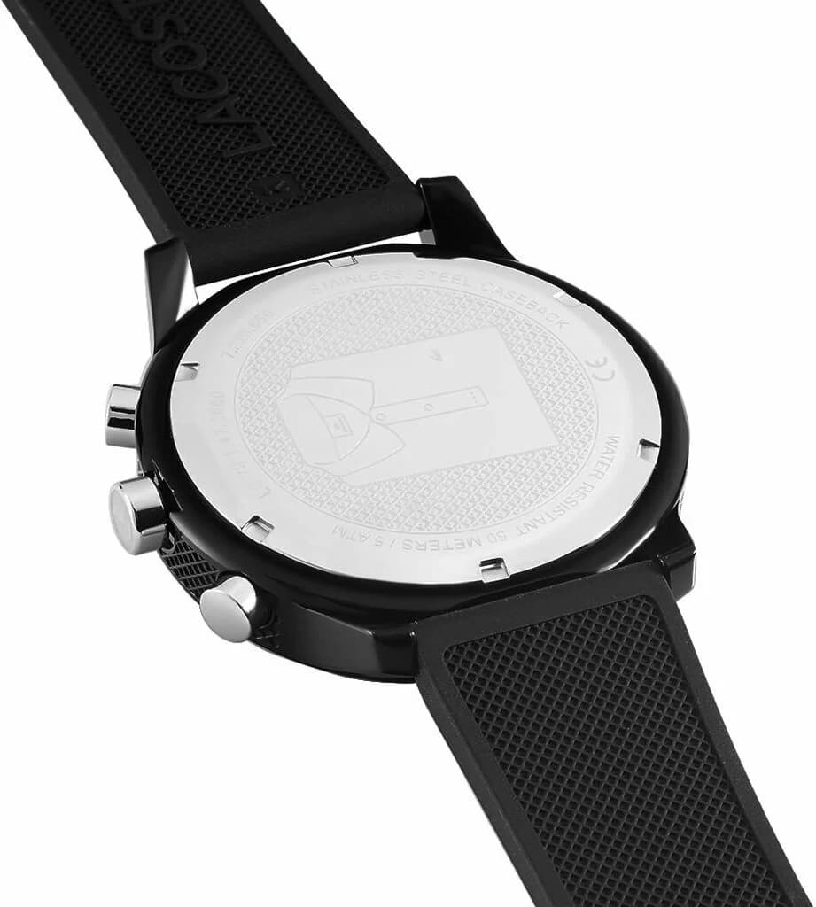 Bracelet Lacoste 2010972 en silicone noir texturé, souple et confortable, boucle ardillon signée Lacoste