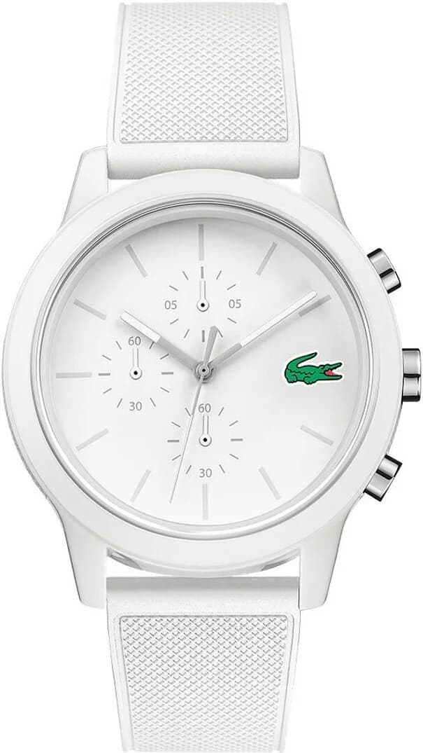 Montre Lacoste 2010974 avec cadran blanc, index bâtons noirs et aiguilles noires, style sportif et élégant