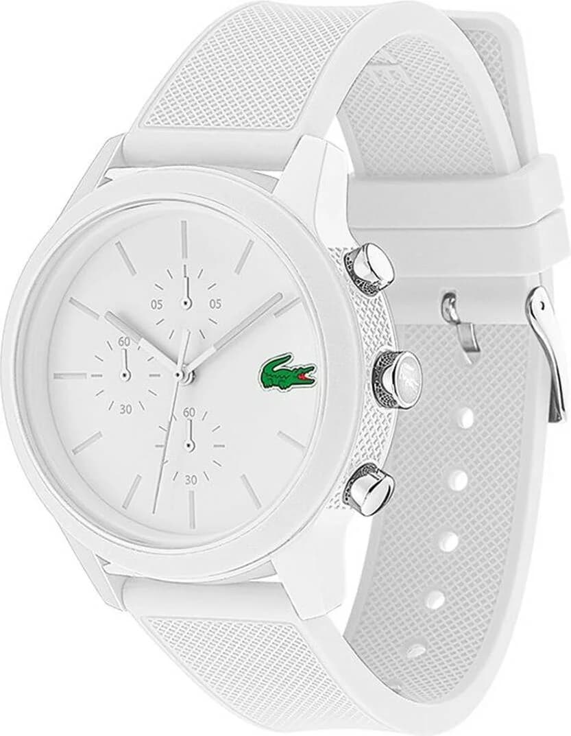 Cadran Lacoste 2010974 blanc multifonctions avec guichets date et jour, index bâtons et aiguilles luminescentes