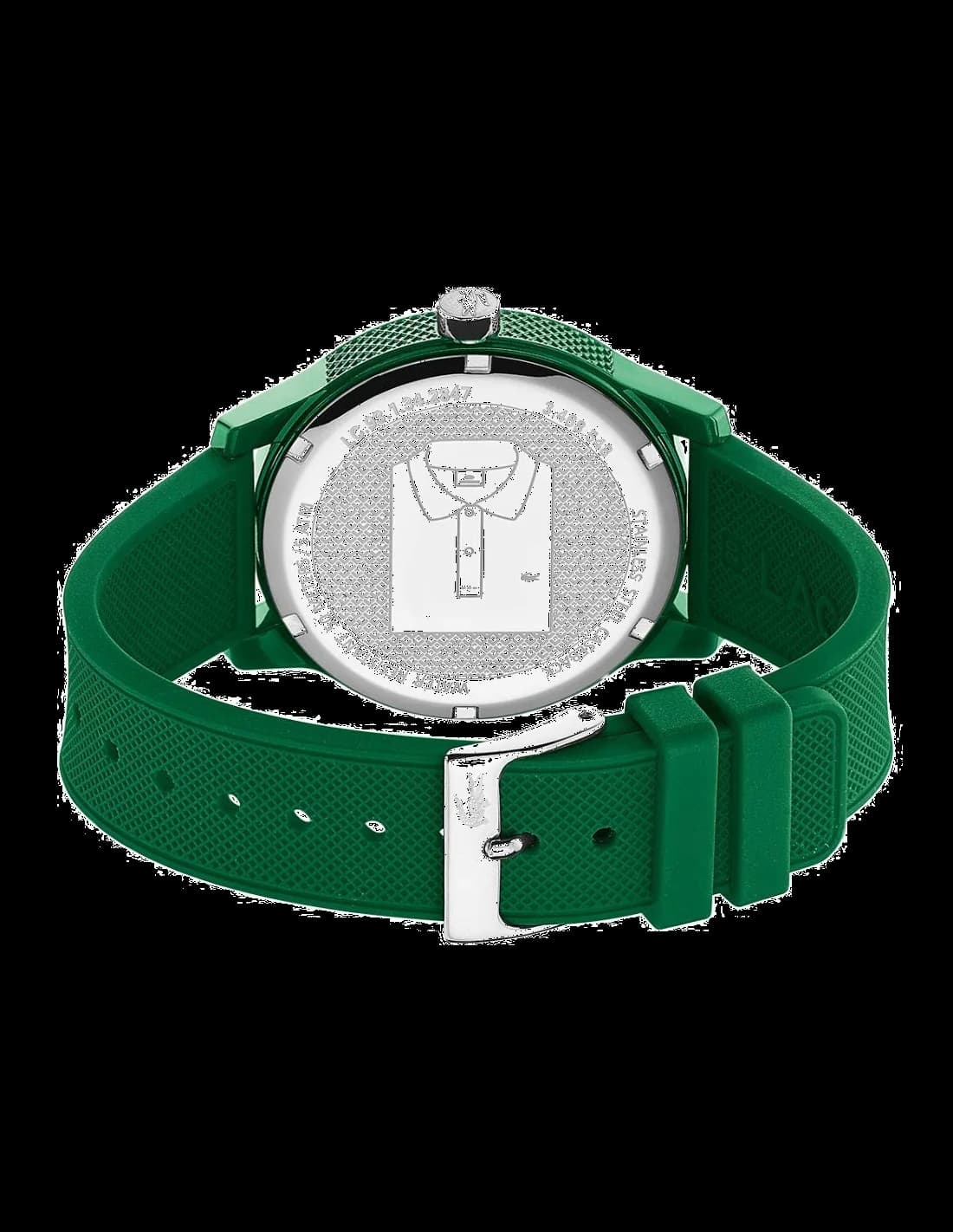 Cadran Lacoste 2010985 vert soleillé, index bâtons argentés et aiguilles dauphine, date à 3h, logo crocodile