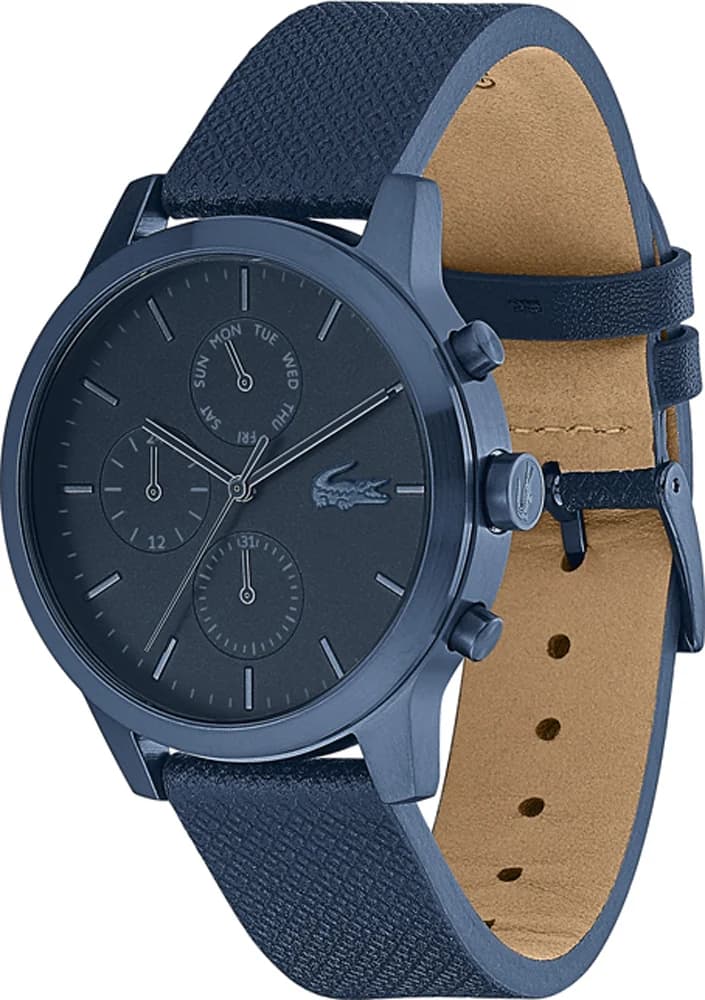 Cadran Lacoste 2010998 au cadran bleu texturé avec index bâtons et guichet date à 3h