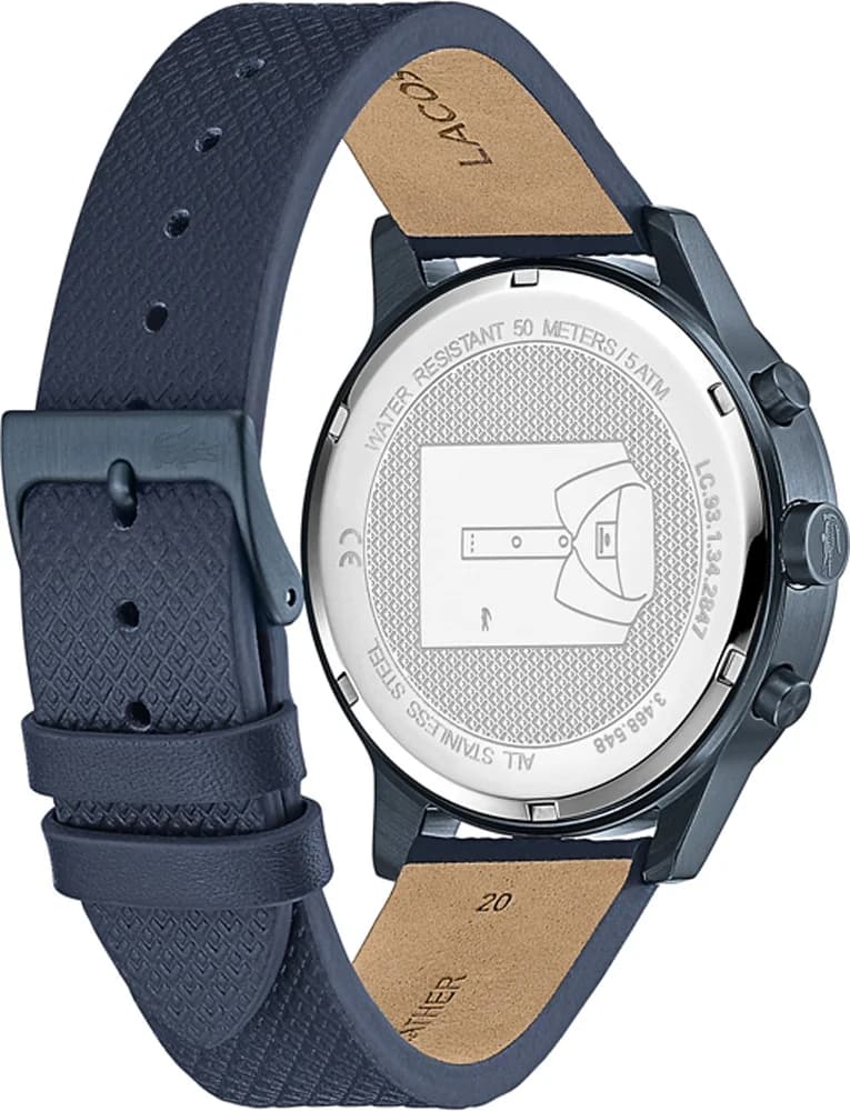 Bracelet Lacoste 2010998 en cuir bleu avec surpiqûres ton sur ton et boucle ardillon acier