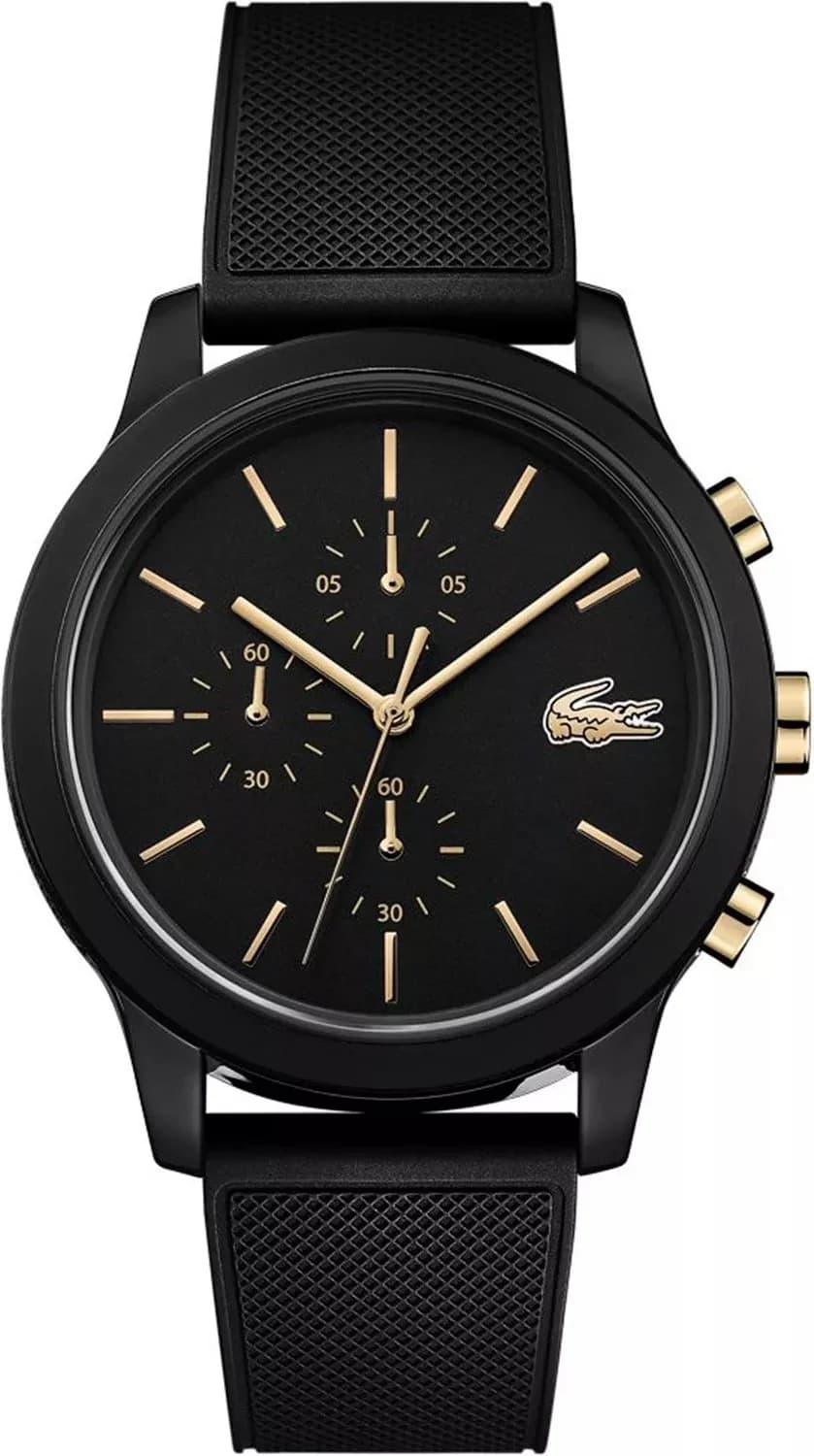Montre Lacoste 2011012 avec cadran noir soleillé, compteurs blancs et aiguilles luminescentes, style sport chic