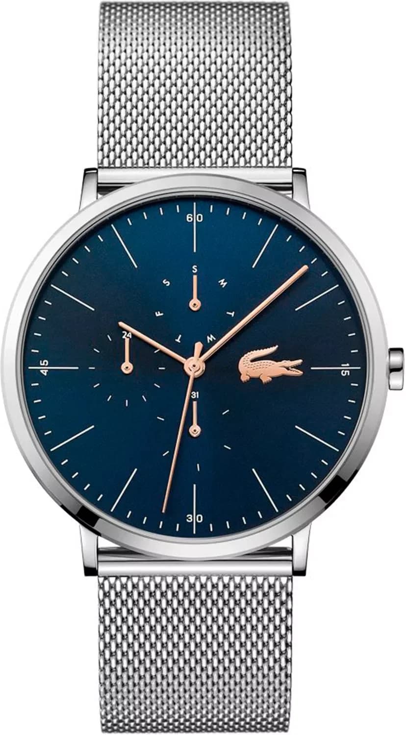 Montre Lacoste 2011024 avec cadran bleu soleil, aiguilles argentées et index bâtons, style sport chic