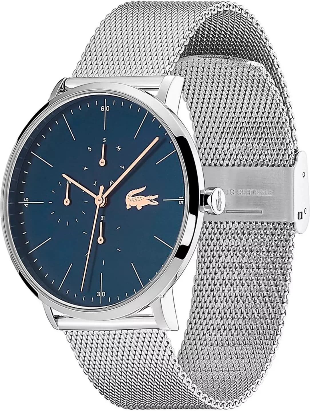 Cadran Lacoste 2011024 offre un cadran bleu profond avec date à 3h, index appliqués et aiguilles luminescentes