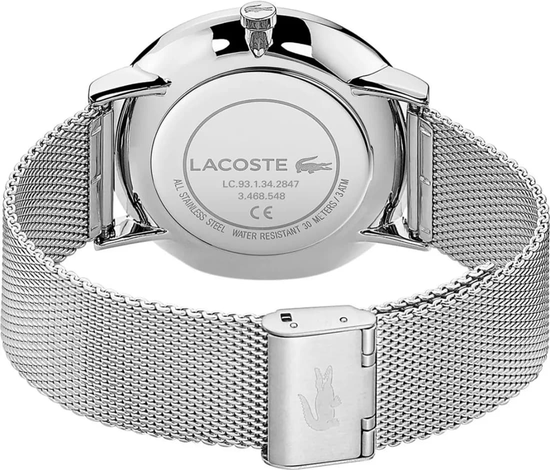 Bracelet Lacoste 2011024 en maille milanaise argentée, fermoir déployante double sécurité, finition satinée