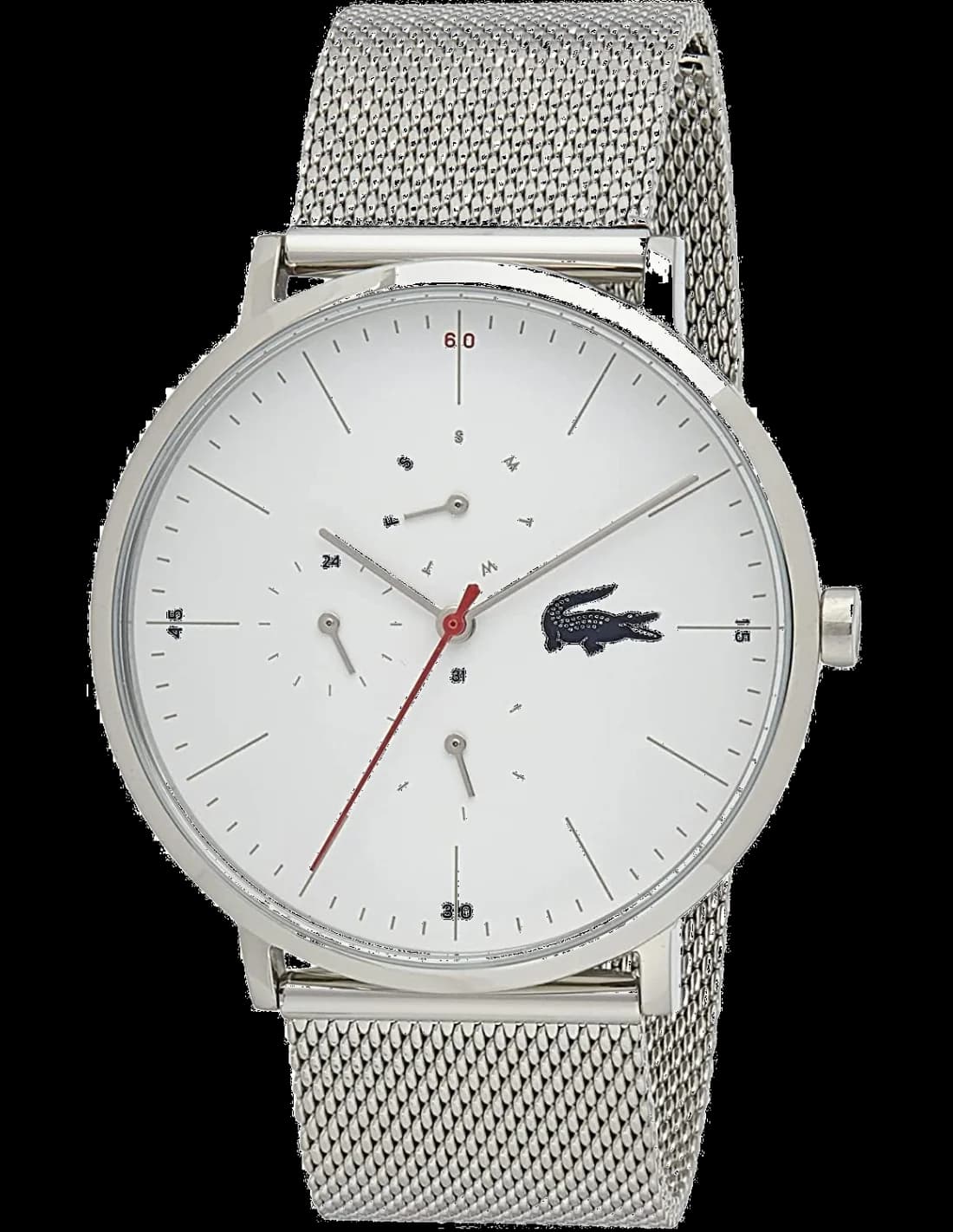 Montre Lacoste 2011025 avec cadran blanc, index bâtons et logo crocodile vert, style élégant et sportwear chic