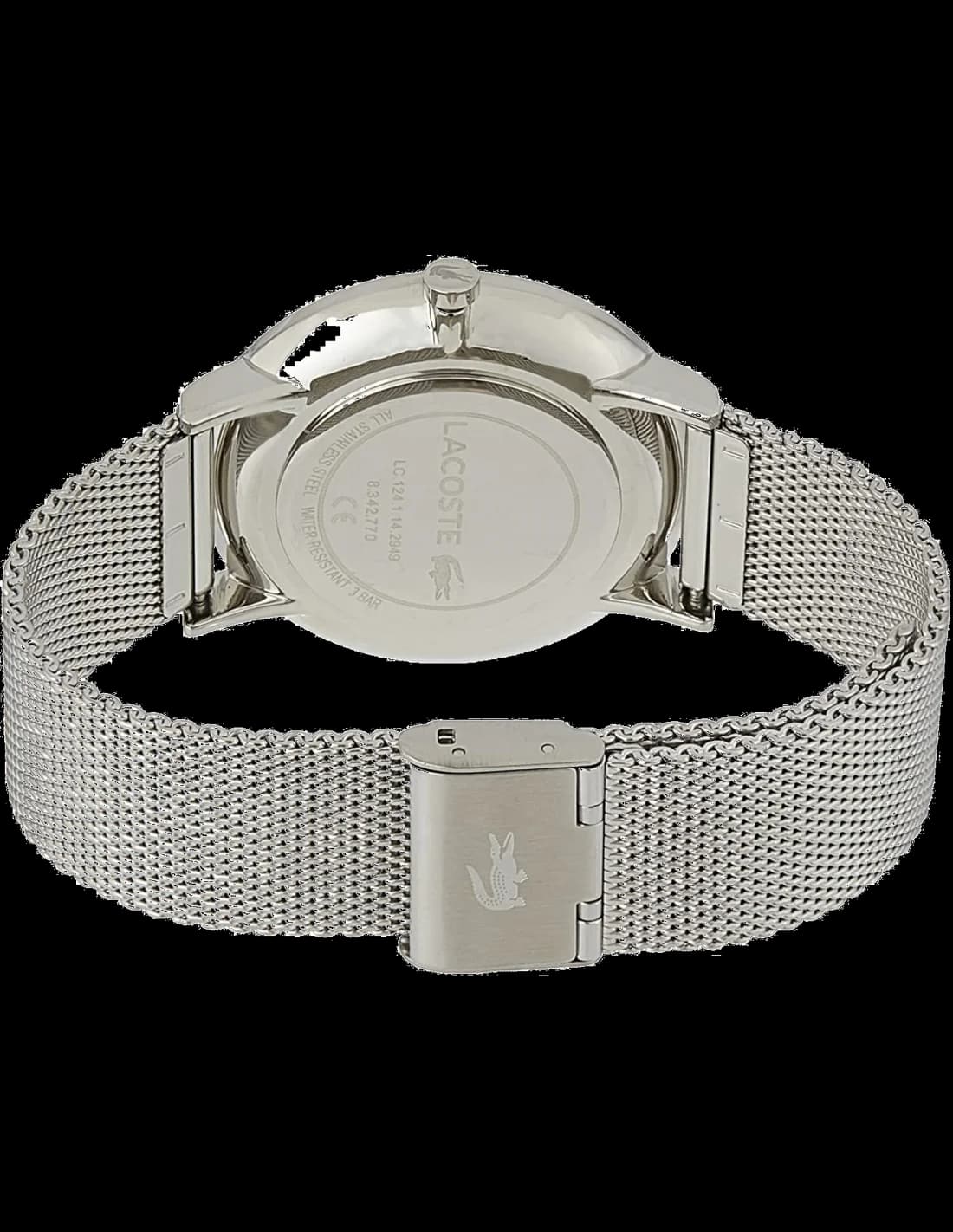 Cadran Lacoste 2011025 blanc aux index argentés, aiguilles dauphine, date à 3h, logo crocodile vert à 12h