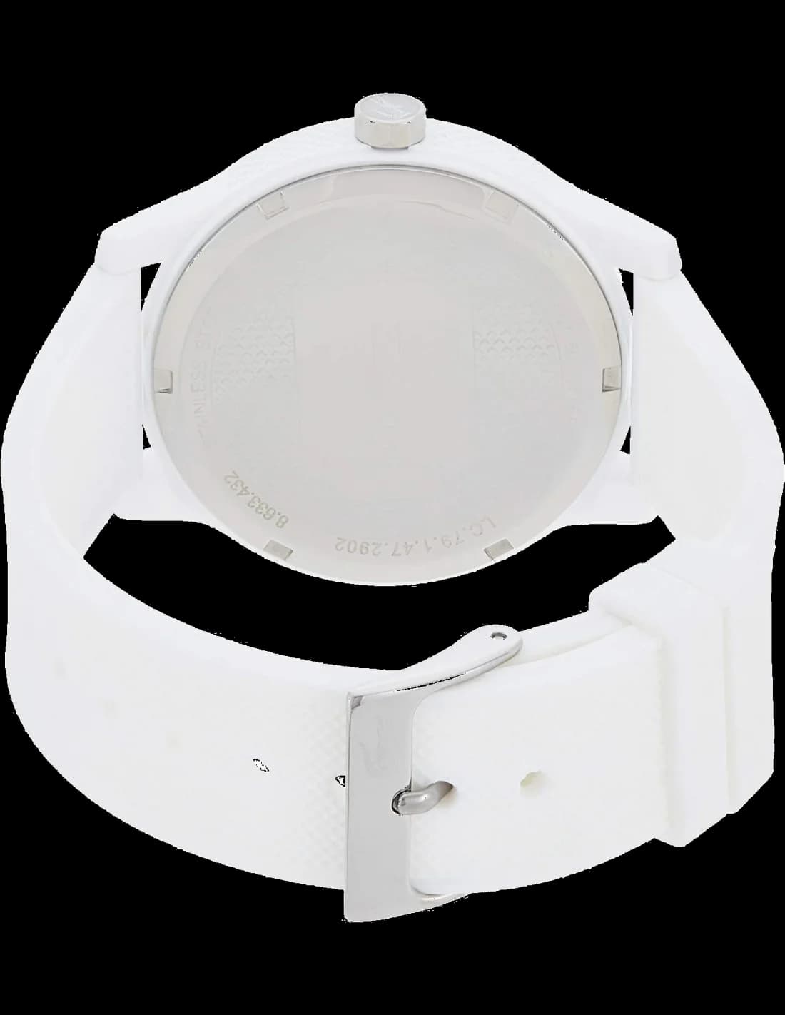 Boîtier Lacoste 2011039 en acier inoxydable blanc, lunette lisse, vue de profil fine et moderne