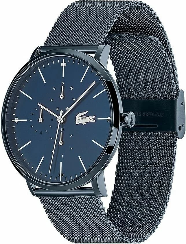 Cadran Lacoste 2011058 détail des index bâtons et aiguilles bleues, date à 3h