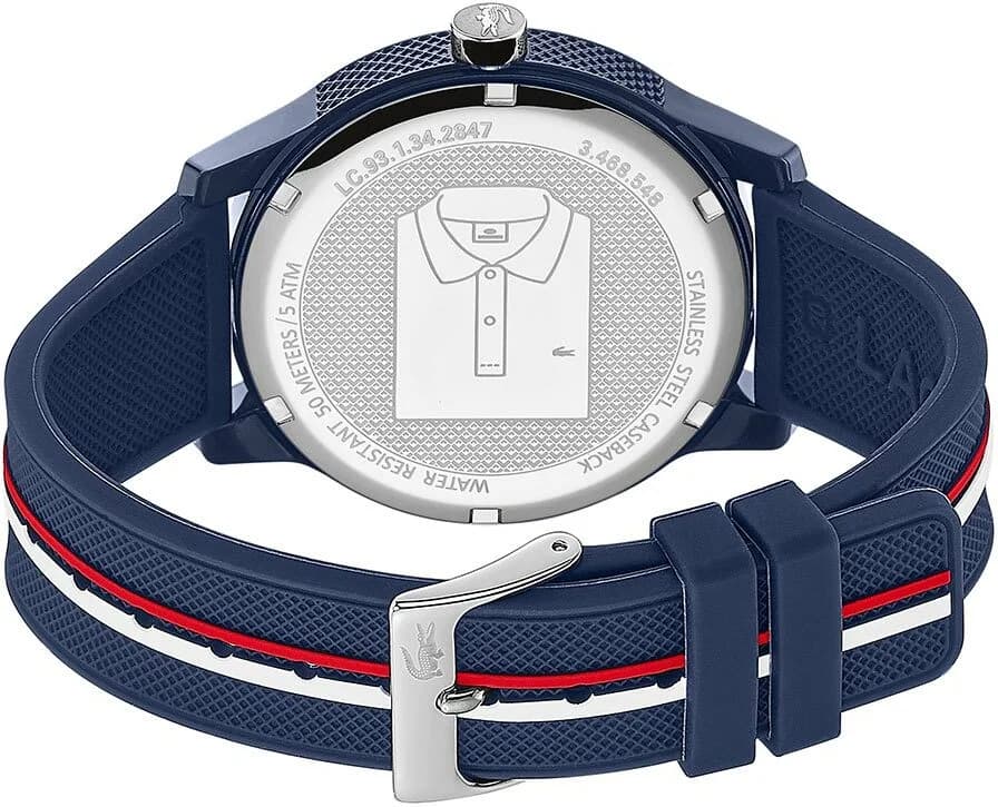 Boîtier Lacoste 2011070 en résine bleue, lunette lisse, couronne signée et fond gravé