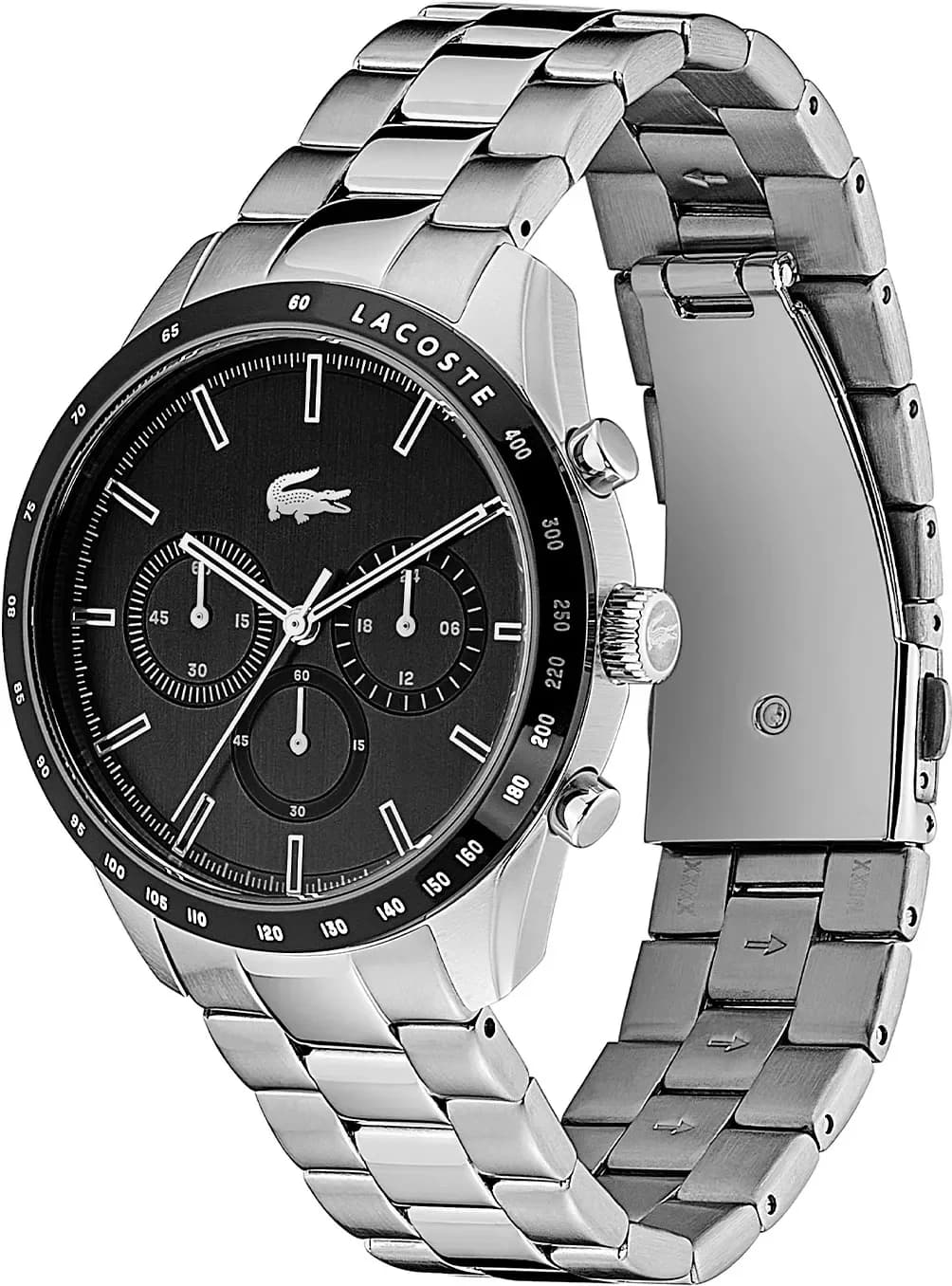 Cadran Lacoste 2011079 noir multifonctions avec compteurs et guichet date à 4h30, index appliqués
