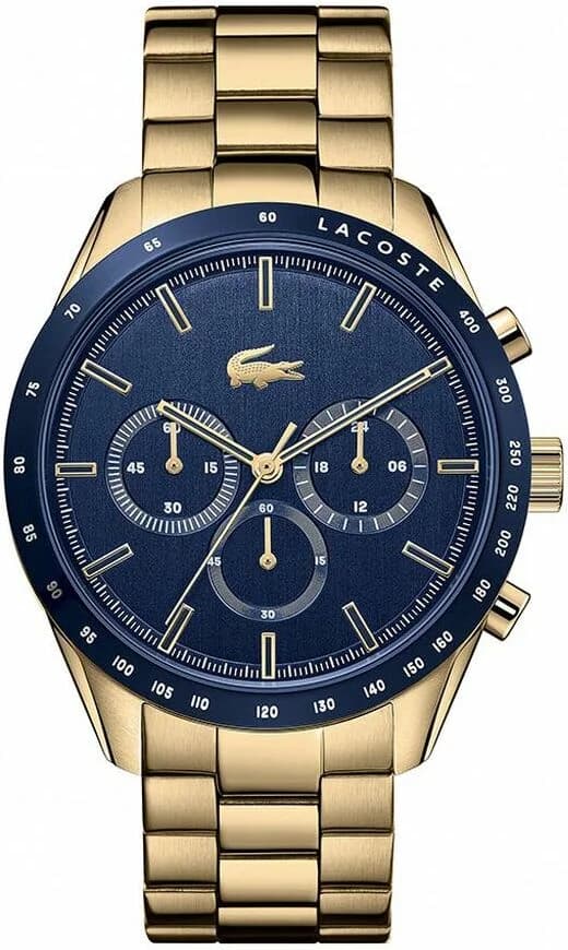 Montre Lacoste 2011096 avec cadran bleu soleil et boîtier acier doré, style élégant intemporel