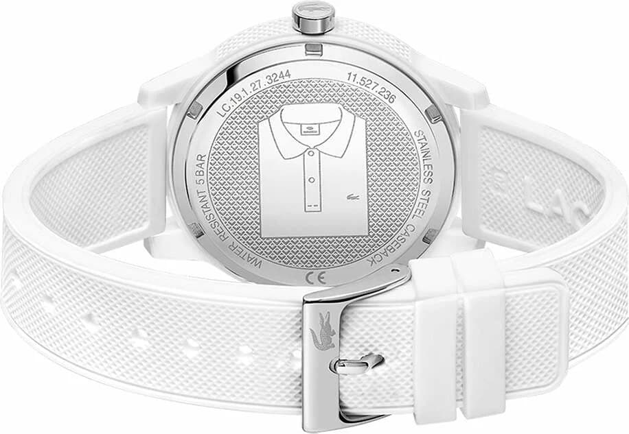 Boîtier Lacoste 2011130 rond en acier inoxydable brossé, lunette lisse et fond gravé, profil fin et moderne