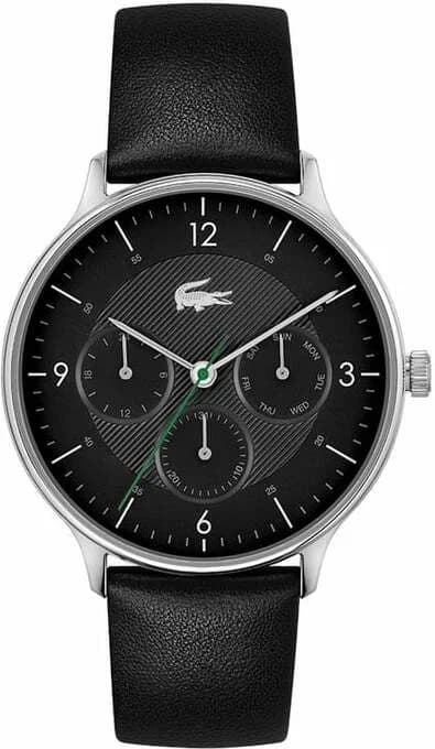 Montre Lacoste 2011139 avec cadran argenté soleillé et trois compteurs noirs sur bracelet cuir noir texturé