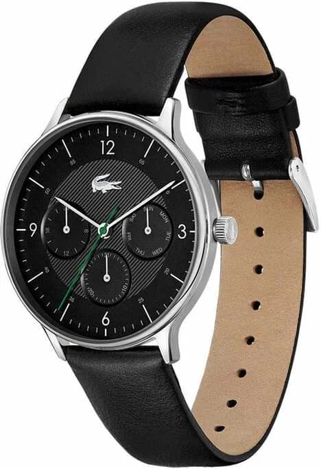 Cadran Lacoste 2011139 doté de trois sous-cadrans pour chronographe, index bâtons argentés et aiguilles luminescentes