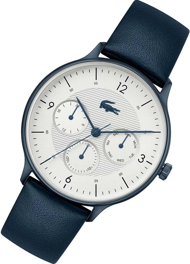 Cadran Lacoste 2011140 aux index bâtons et aiguilles bleues pour une lisibilité optimale