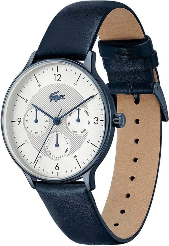 Bracelet Lacoste 2011140 en cuir bleu cousu contrasté et boucle ardillon en acier
