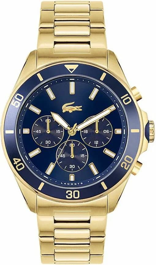 Montre Lacoste 2011151 avec cadran bleu soleil, acier doré et index bâtons, style sport chic