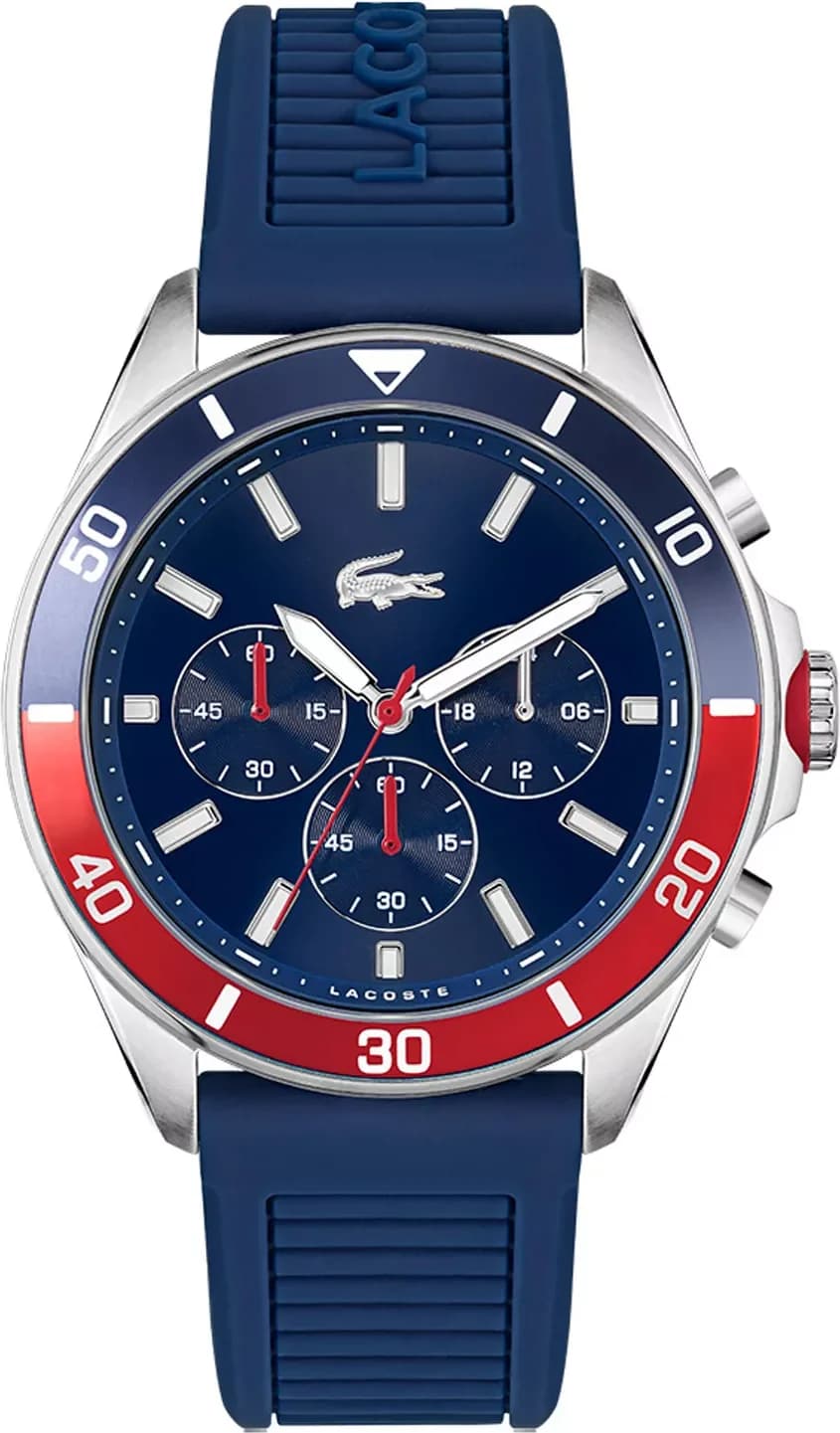 Montre Lacoste 2011154 avec cadran bleu soleil, index bâtons et aiguilles blancs, multifonctions trois guichets