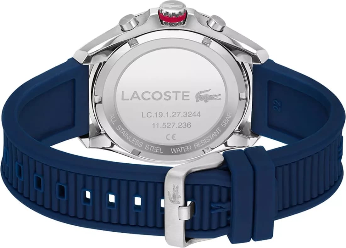 Bracelet Lacoste 2011154 en silicone bleu marine texturé, boucle ardillon signée Lacoste, confort sportif