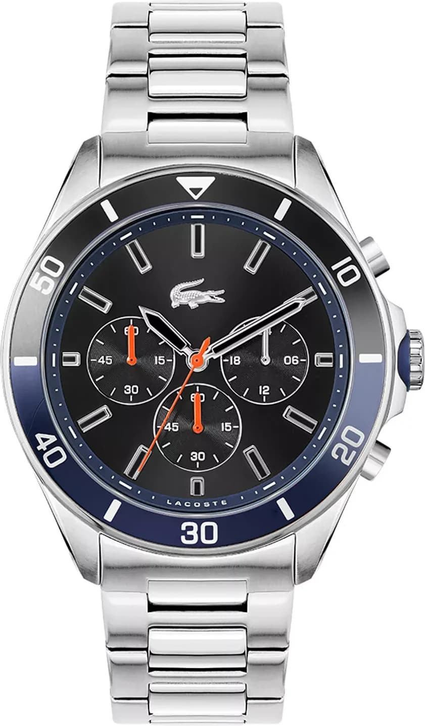 Montre Lacoste 2011155 acier brossé cadran noir soleillé avec compteurs chronographe et date à 4h30