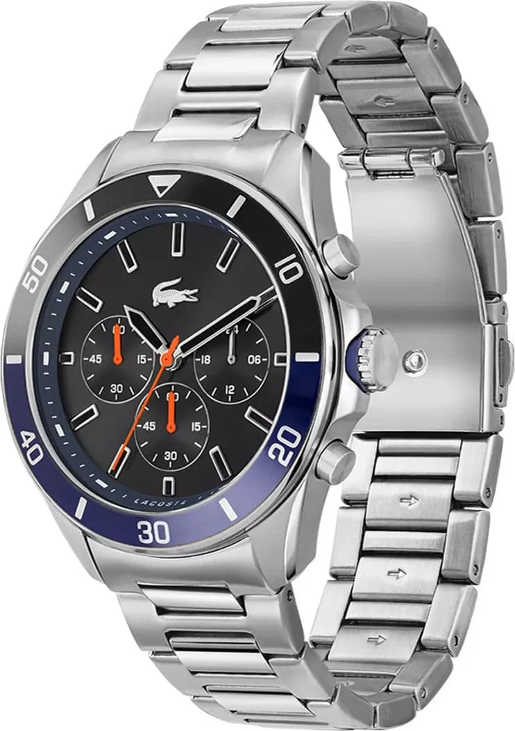 Cadran Lacoste 2011155 noir soleillé compteurs blancs aiguilles argent index appliqués date 4h30 style sport chic