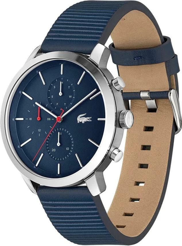 Cadran Lacoste 2011176 au bleu profond soleillé avec index appliqués blancs, aiguilles luminescentes et date à 3h