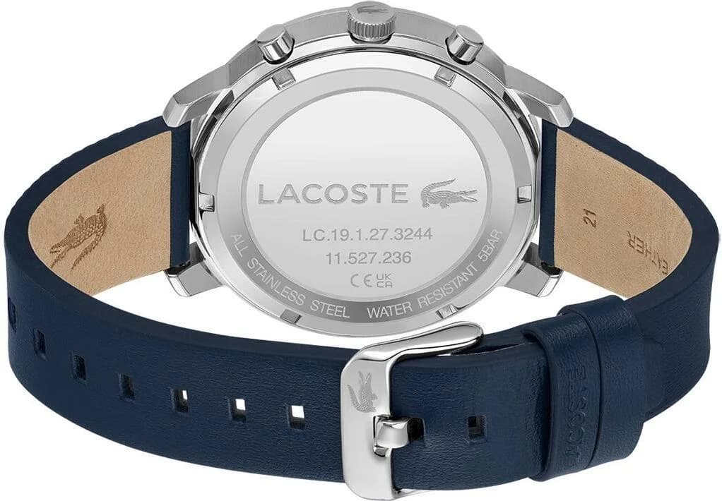 Bracelet Lacoste 2011176 en cuir marron grainé, coutures contrastées, boucle ardillon en acier gravée Lacoste