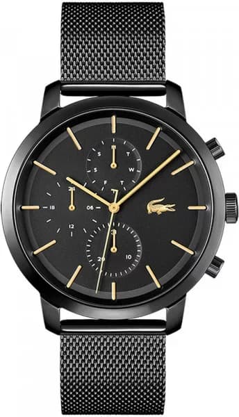 Montre Lacoste 2011194 avec cadran noir soleil, aiguilles argentées et index bâtons, style sport chic