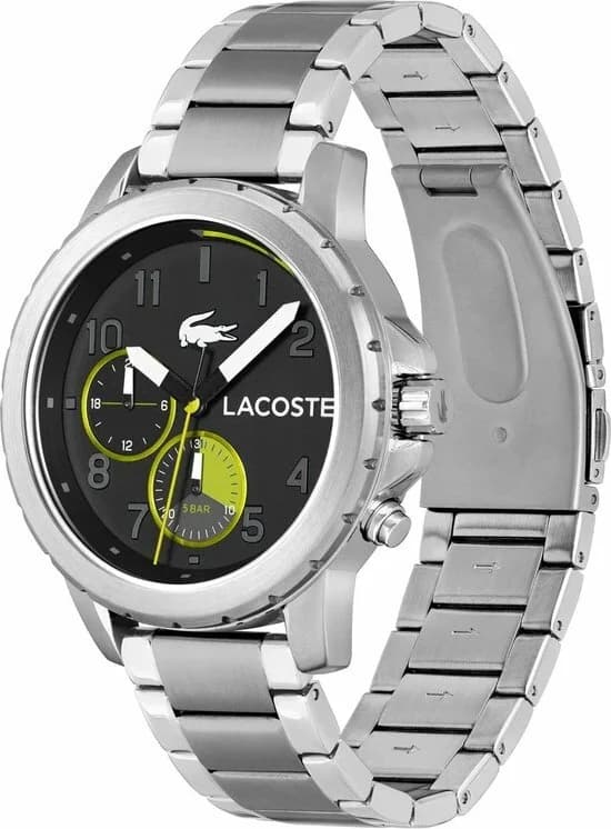 Cadran Lacoste 2011207 noir avec index bâtons argentés et aiguilles luminescentes, date à 3h