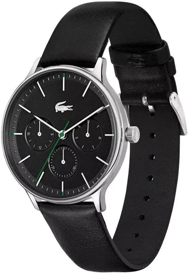 Cadran Lacoste 2011226 détail des compteurs chronographe et aiguilles luminescentes sur fond noir