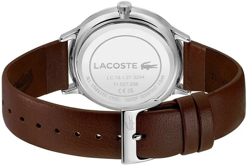 Bracelet Lacoste 2011227 en cuir marron, coutures contrastées, boucle ardillon en acier