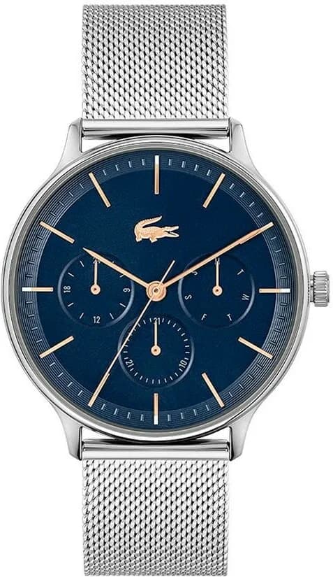 Montre Lacoste 2011228 acier argenté et cadran bleu soleil avec index appliqués et date à 3h