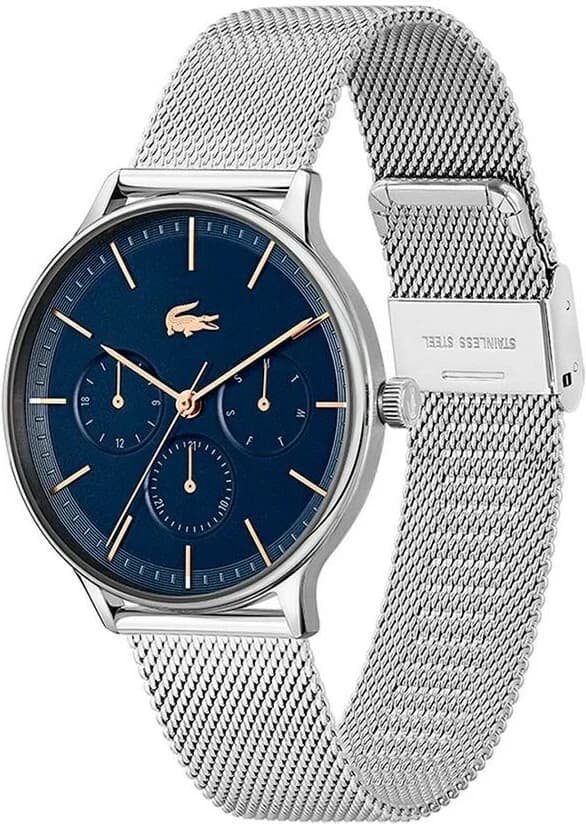 Cadran Lacoste 2011228 bleu soleillé avec compteurs multifonctions, aiguilles argentées et index bâtons