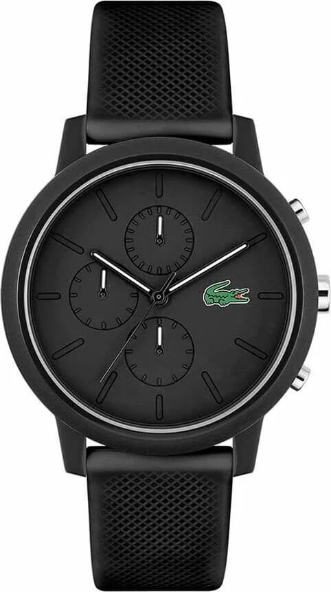 Montre Lacoste 2011243 avec cadran noir et index blancs, design sportif et élégant, chronographe sur fond noir