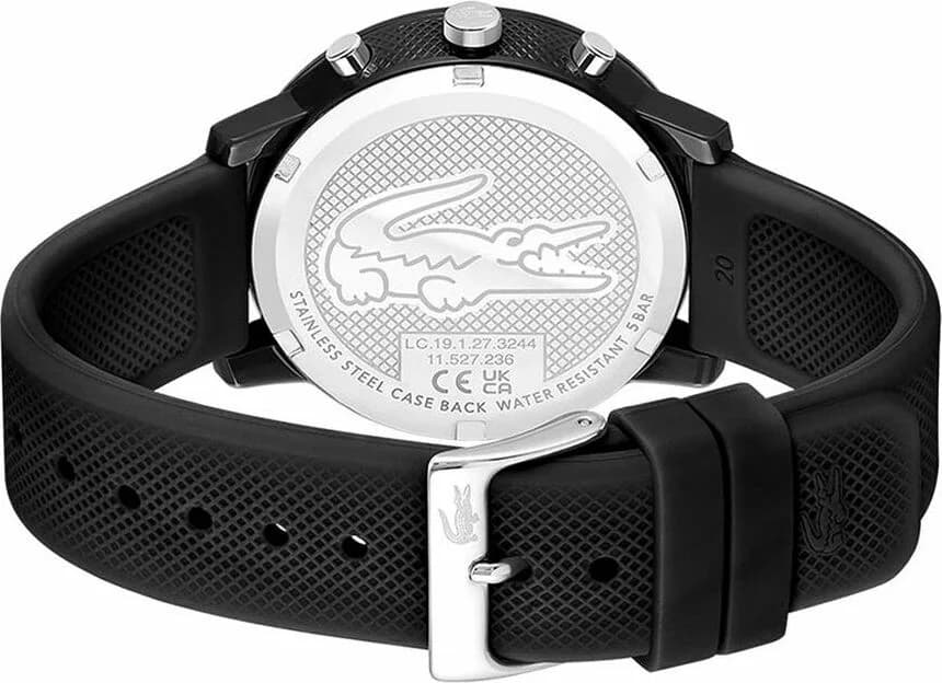 Bracelet Lacoste 2011243 en silicone noir texturé, fermoir boucle ardillon, confort et durabilité pour un usage quotidien