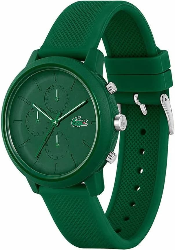 Cadran Lacoste 2011245 au vert soleil avec index appliqués, aiguilles luminescentes et guichet date à 4h30
