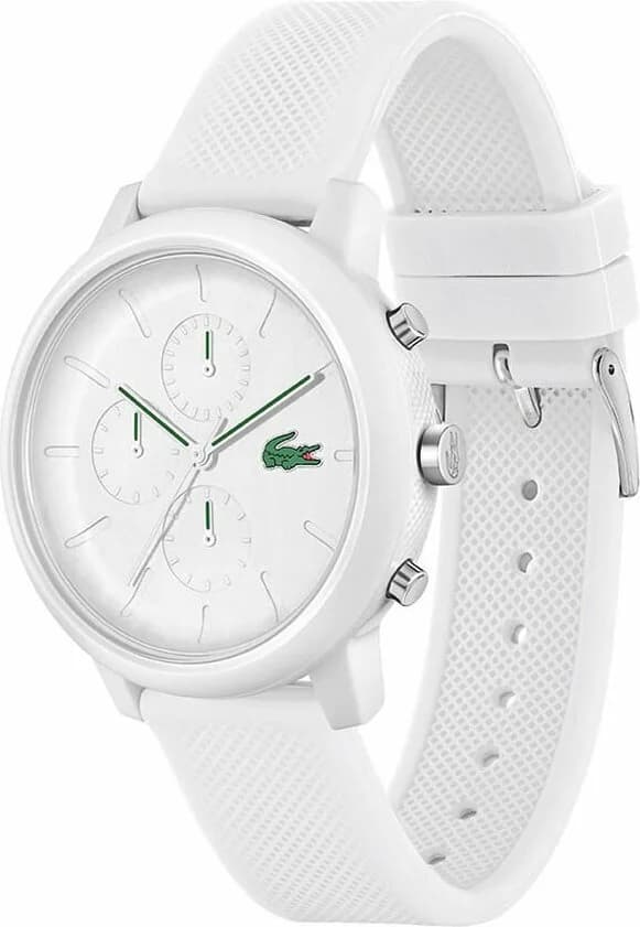Cadran Lacoste 2011246 blanc aux index bâtons et aiguilles luminescentes avec compteurs chrono noirs
