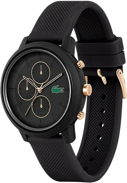 Cadran Lacoste 2011247 avec cadran noir texturé, trois compteurs multifonctions, aiguilles blanches et date à 4h30