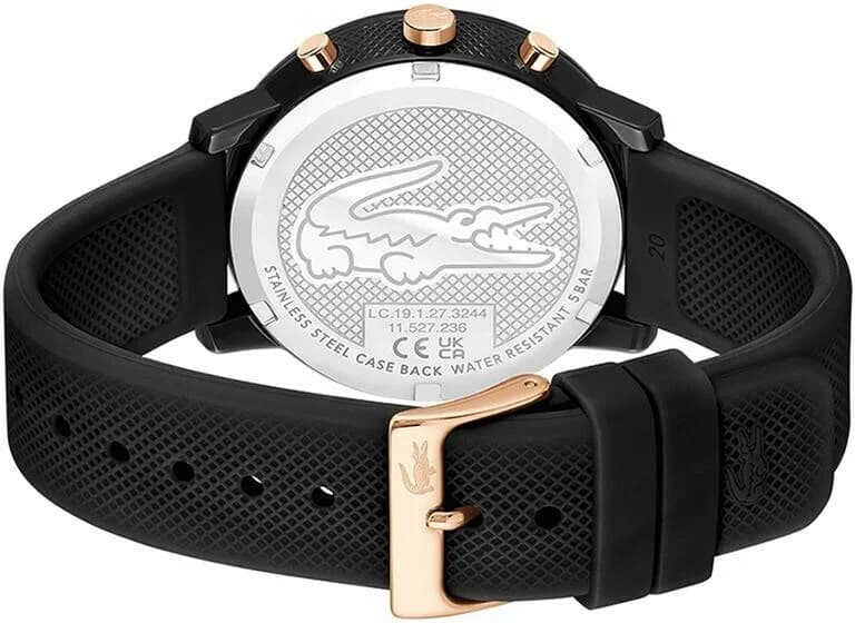 Bracelet Lacoste 2011247 en silicone noir texturé, boucle ardillon en acier inoxydable, confortable et résistant